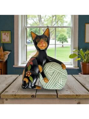 3/$20 Second Nature Design Floral Friends 7.5" Tall Resin Black Cat Figure Yarn